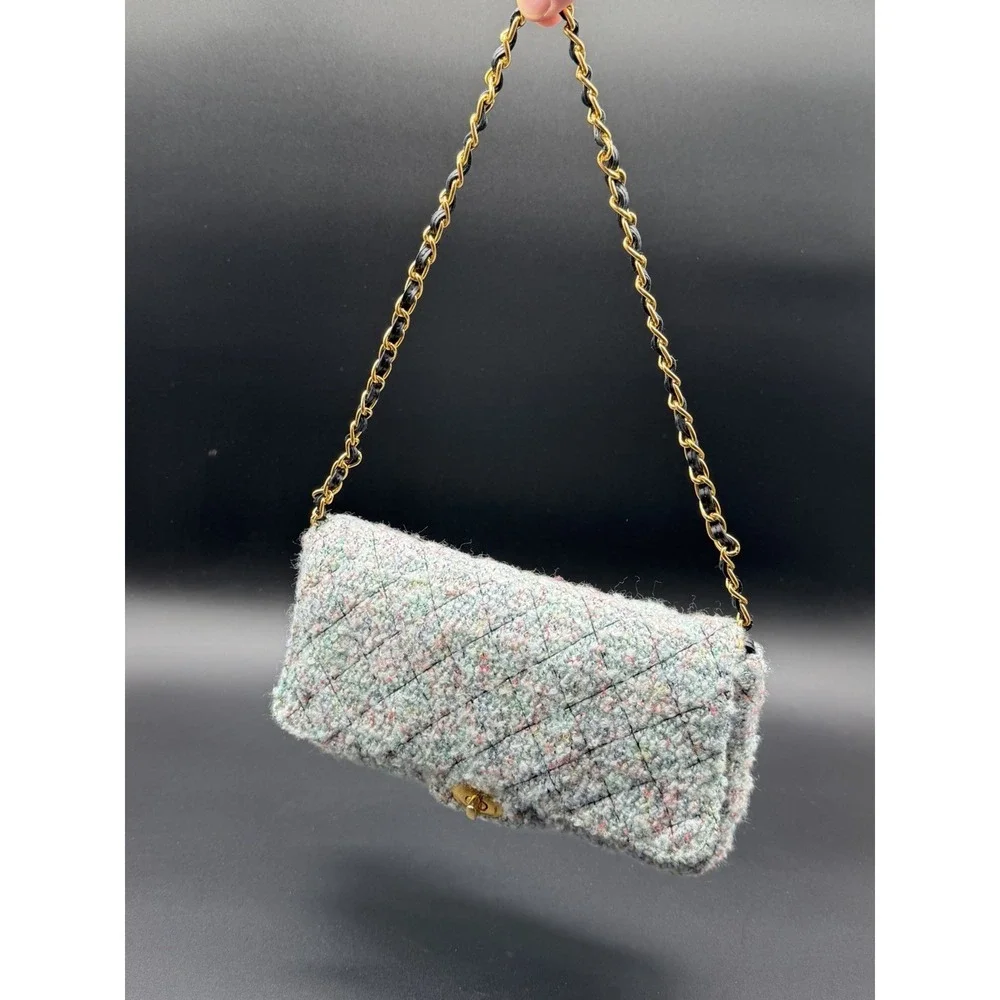 Vintage Diane Gilman Tweed Quilted Shoulder Bag Gold Chain Turn Lock Purse